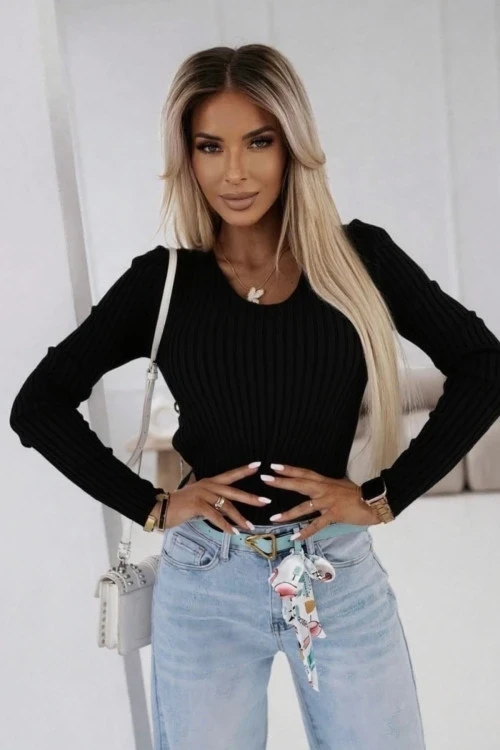 Елегантен рипсен пуловер с V-образно деколте – избор от цветове