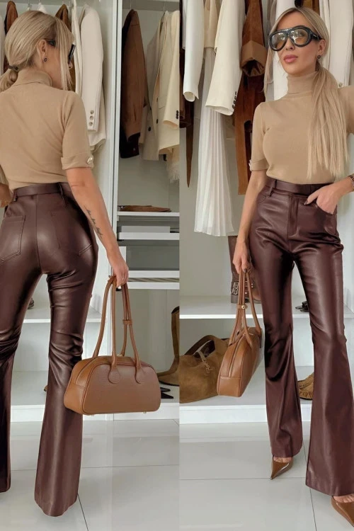 Стилни кожени панталони с висока талия – в кафяв и черен цвят