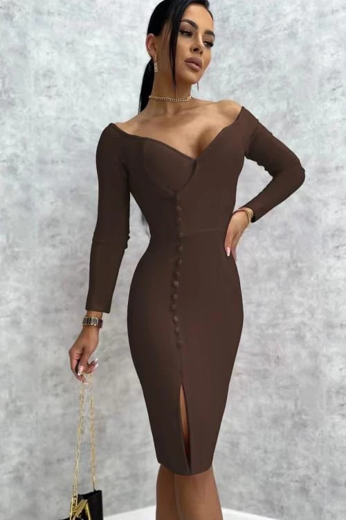 Дамска елегантна рокля с копчета и цепка