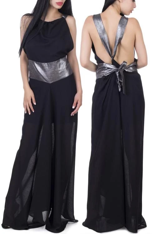 Дамска дълга рокля с гол гръб със сребрист блясък 