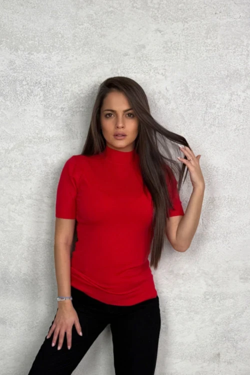 Дамска блуза с къс ръкав и полуполо яка