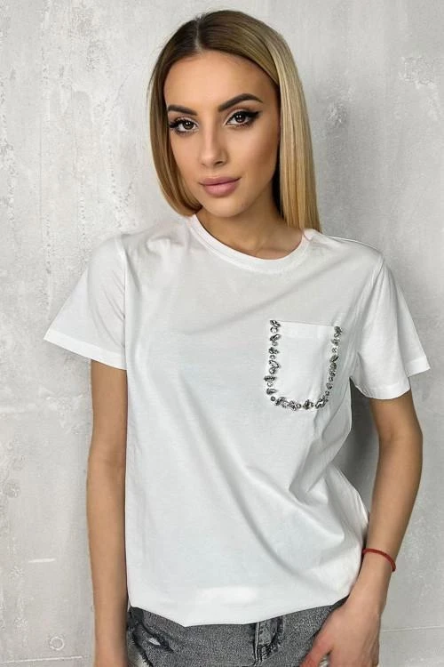 Women's blouse with short sleeves and pocket with crystals
