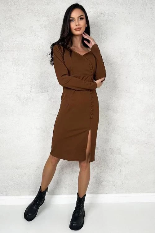 Дамска елегантна рокля с копчета и цепка