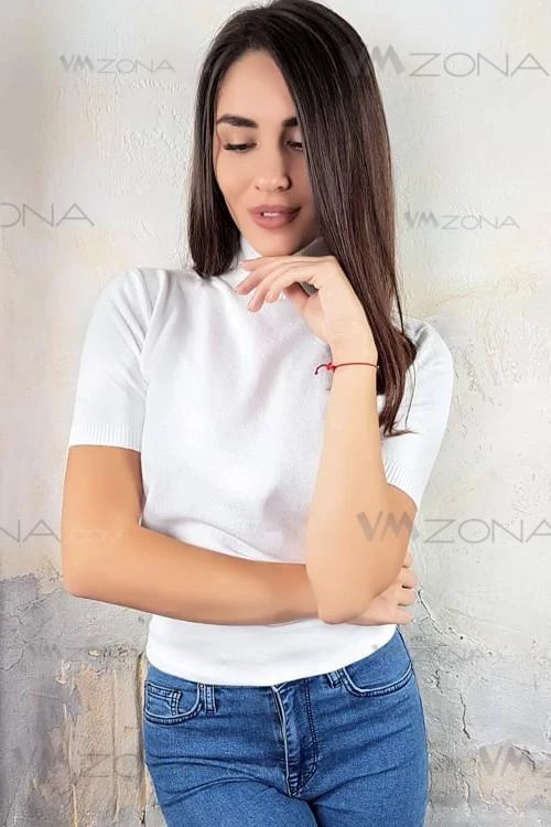 Rövid ujjú női blúz magas nyakú
